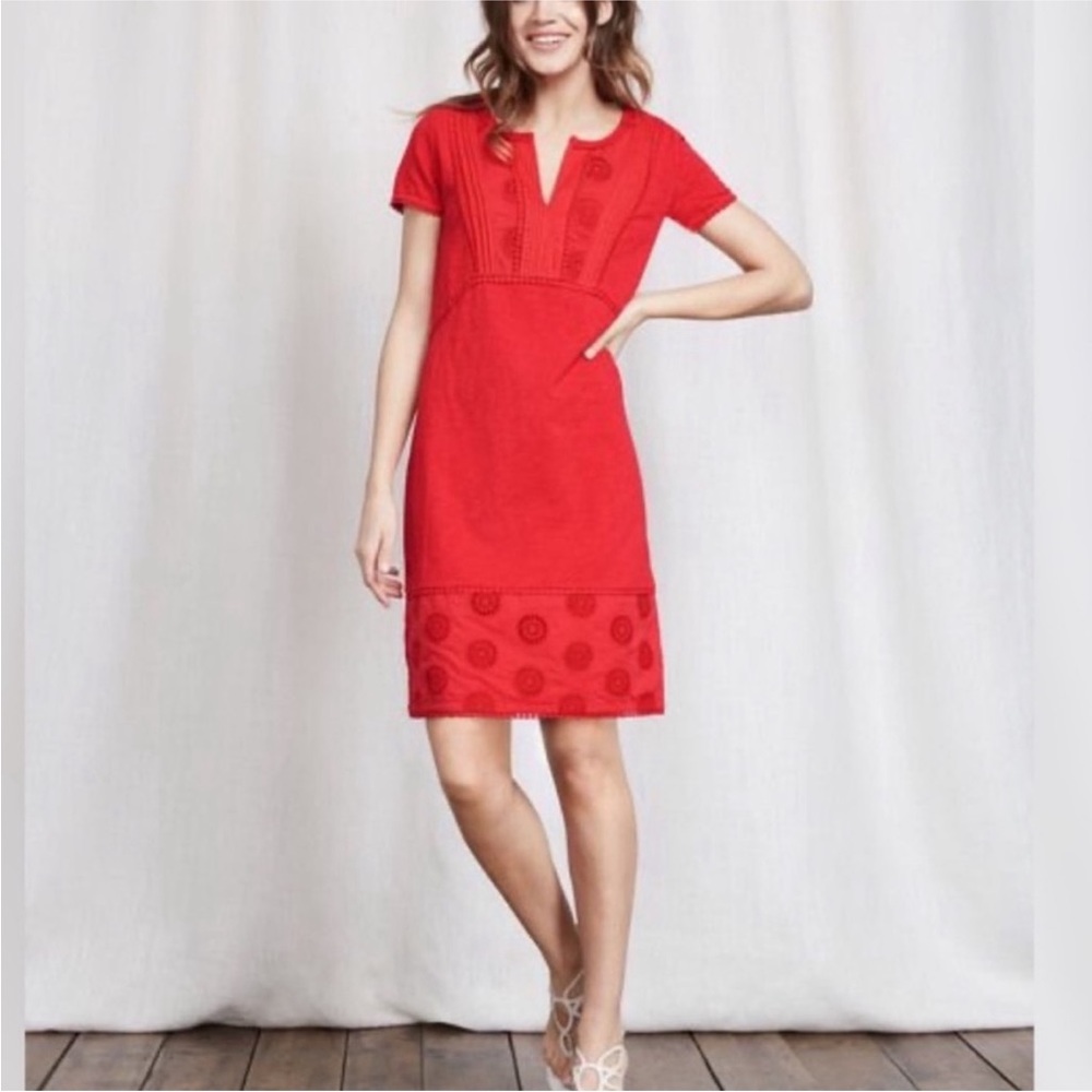 Boden Clio Broderie Coral Red Cotton Shift Dress Size 6